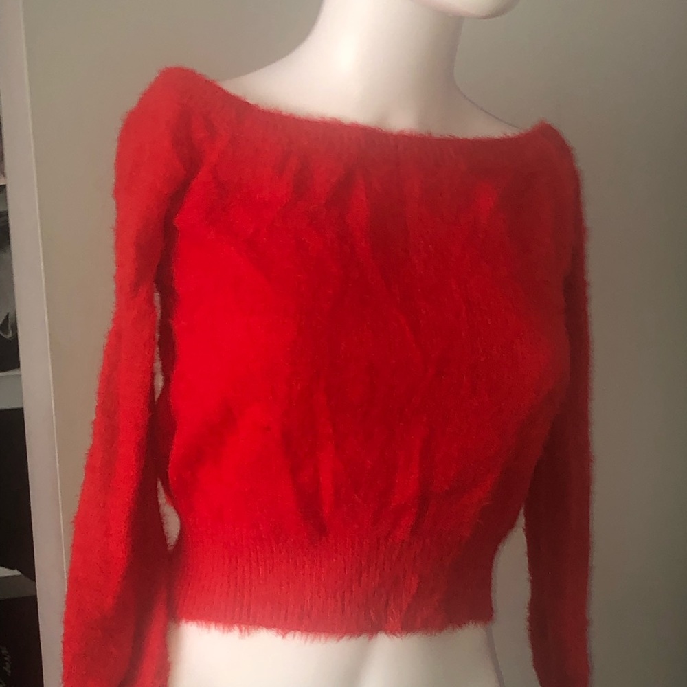 Red cropped fuzzy sweater with swooped neck